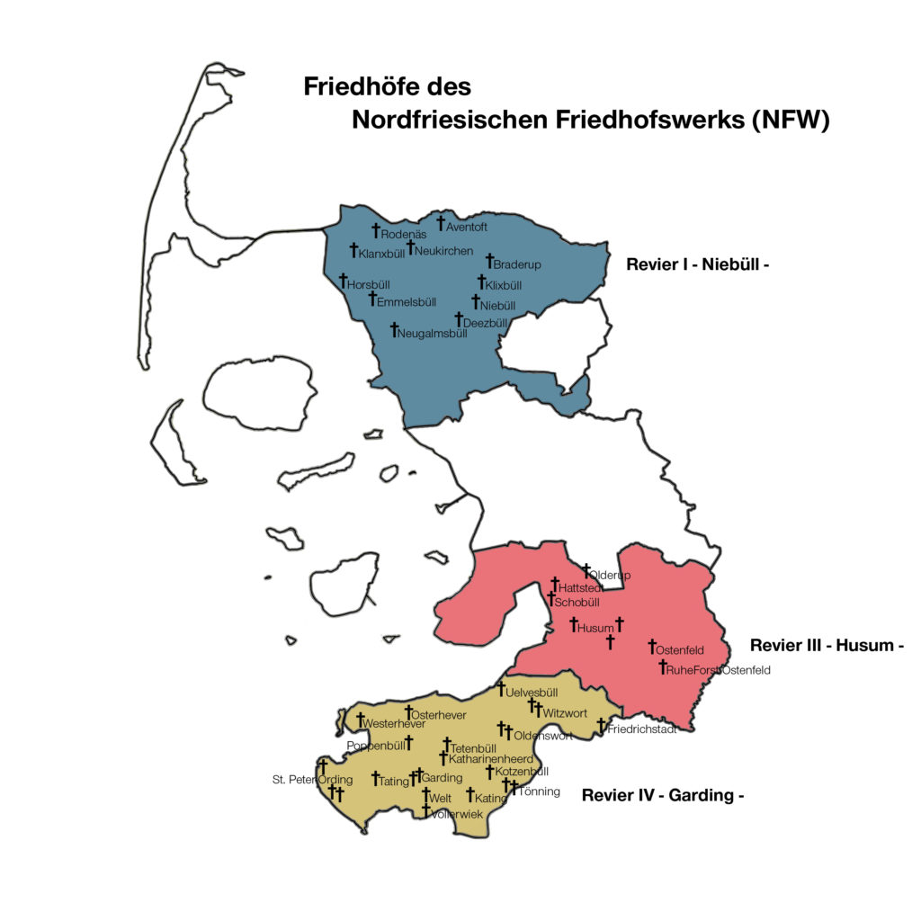 Eine Karte von Nordfriesland, auf der die Standorte der Friedhofswerksfriedhöfe markiert sind.