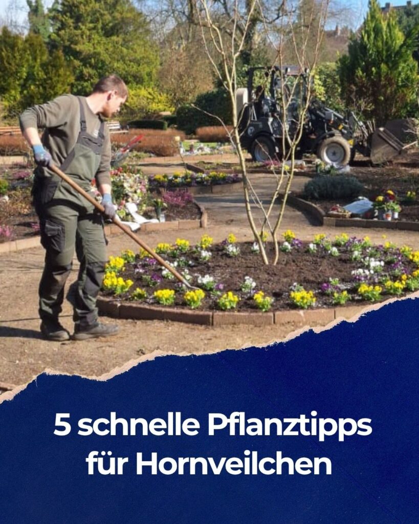 Gärtner auf einem Friedhof hakt um Hornveilchen herum. Text: 5 schnelle Pfanztipps für Hornveilchen