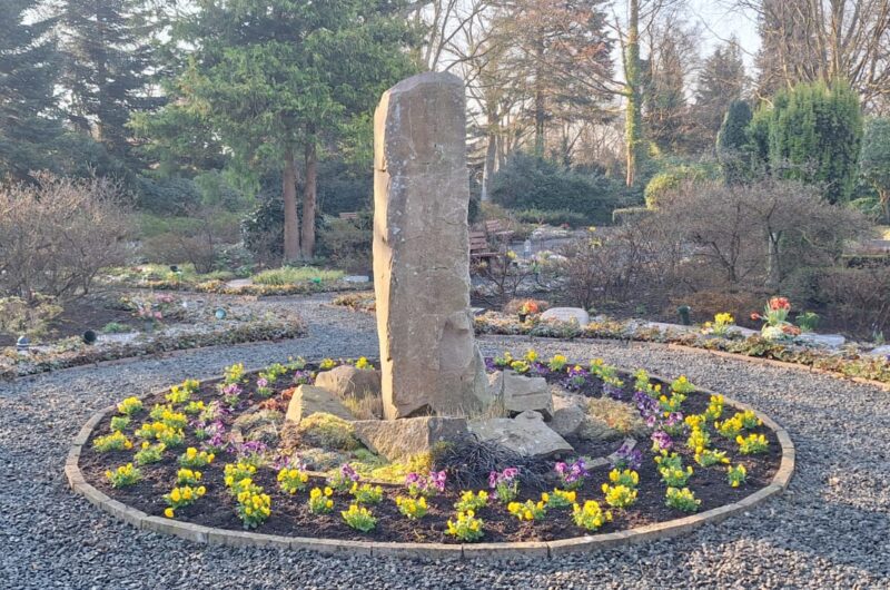 Eine Steinstele auf einem Friedhof mit einem kreisrunden Beet, bepflanzt mit Hornveilchen.