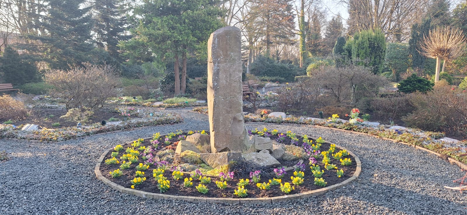 Eine Steinstele auf einem Friedhof mit einem kreisrunden Beet, bepflanzt mit Hornveilchen.